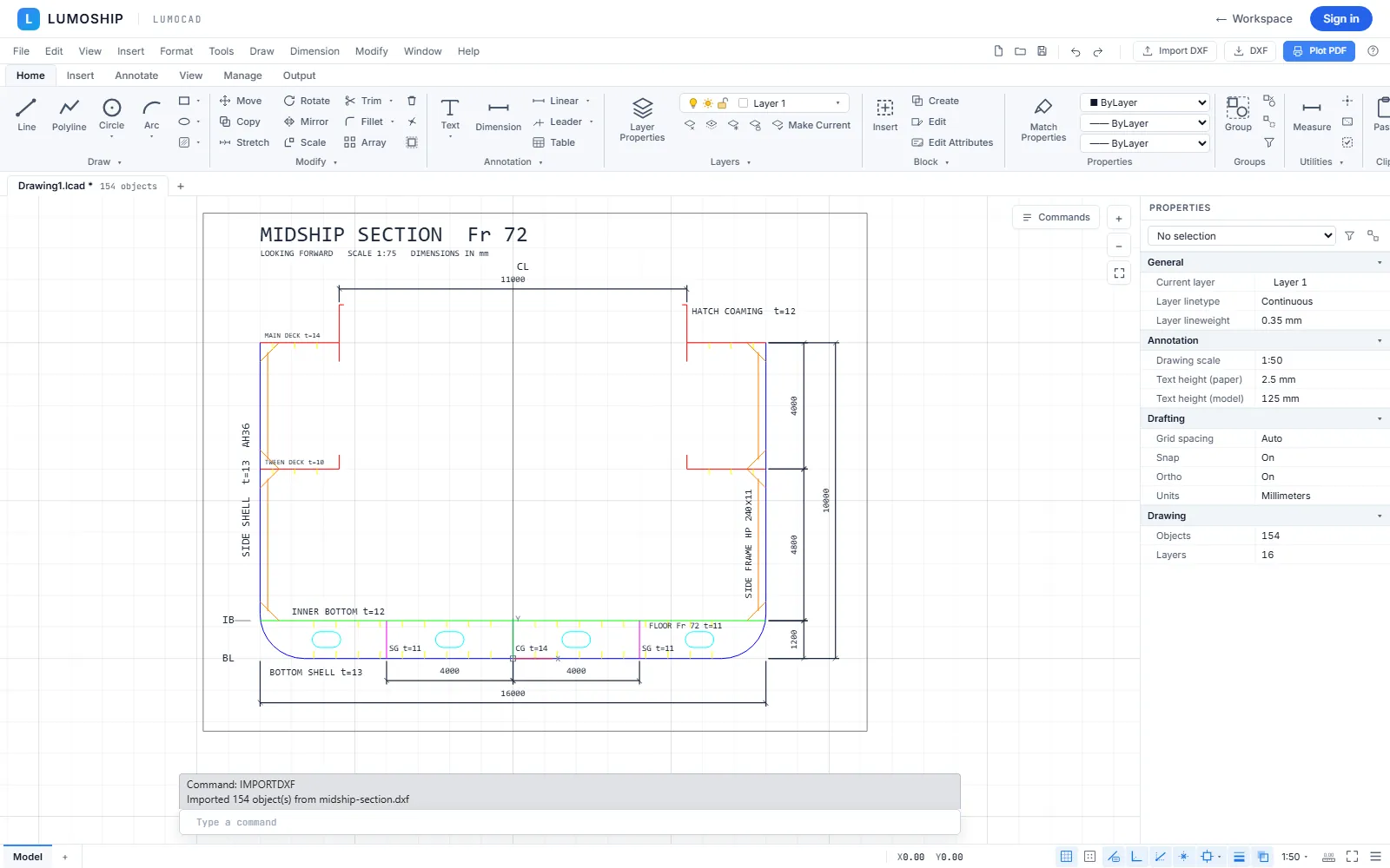 A midship section DXF opened in LumoCAD, with the AutoCAD-style ribbon, command line and properties palette.